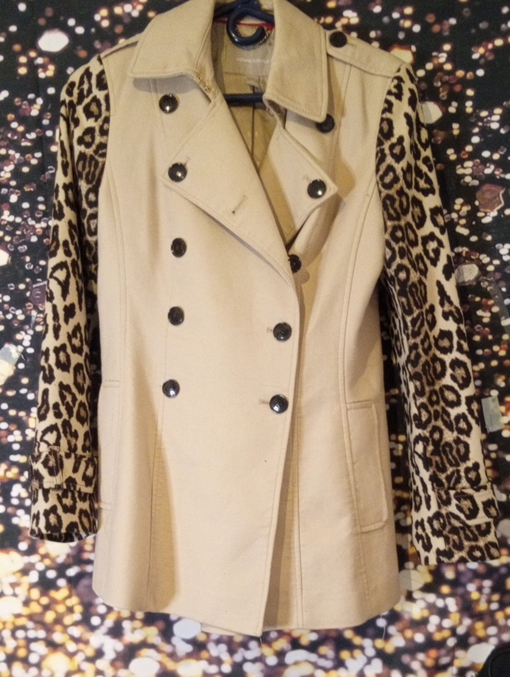 Banana Republic Beige Trench Coat with Leopard-Print Sleeves